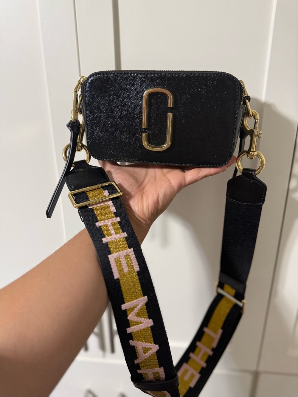Marc Jacobs Black Saffiano Crossbody Camera Bag with Branded Strap